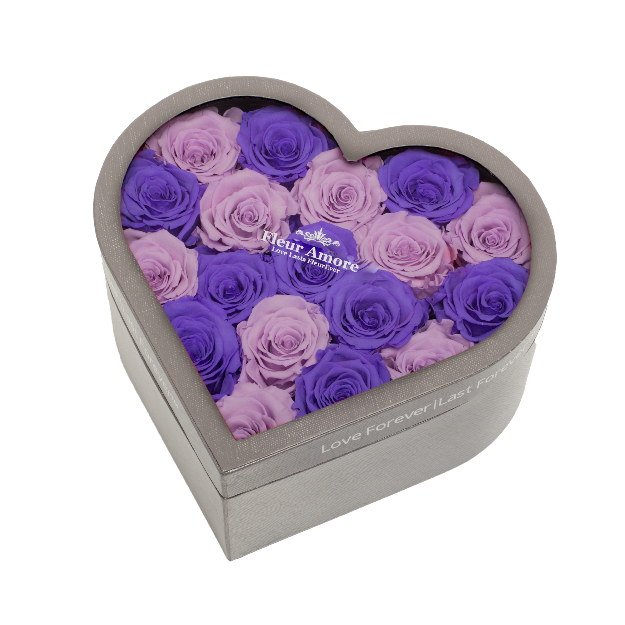 PURPLE & LIGHT PURPLE PRESERVED ROSES | MEDIUM HEART CLASSIC GREY BOX